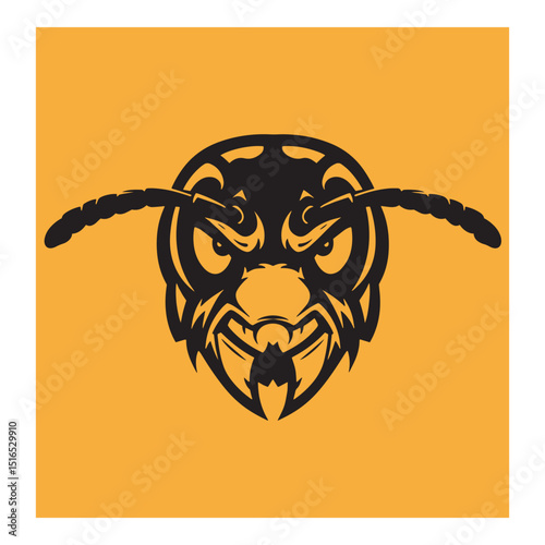 Fierce ant head illustration in a bold black and orange graphic style