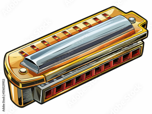 A vector illustration of a shiny metal harmonica with holes and engraved top, isolated on a white background