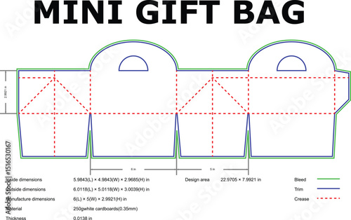 Mini gift bag template printable die cut design