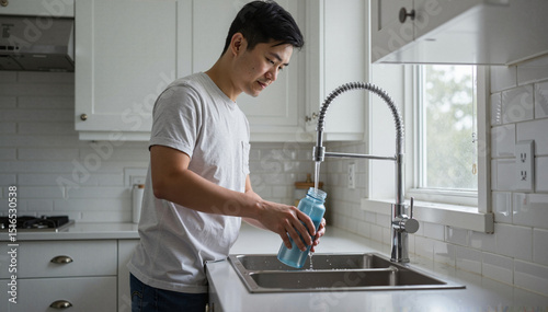 Asian man filling water bottle at kitchen sink in natural light