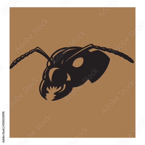 Vector illustration of a bold black silhouette ant head against a brown background