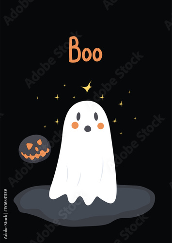 Halloween Boo Card with Cute Ghost and Pumpkin. Vector illustration