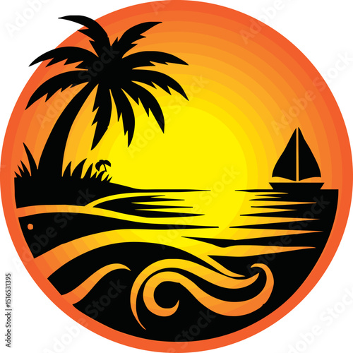 Logo Emblem Summer Coconut Trees with Sunset vector isolated on white background for your design logo, community