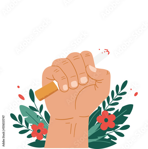 Hand Crushing Cigarette with Floral Background – Anti-Smoking Concept Illustration