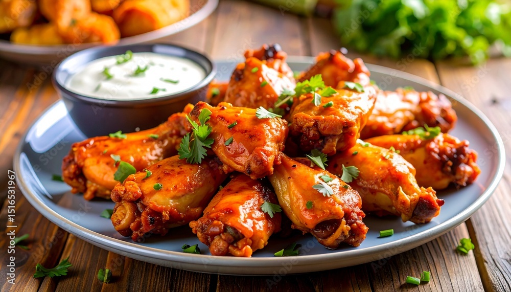Fototapeta premium Delicious Plate of Buffalo Chicken Wings with Blue Cheese Dressing