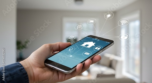 Smart home control on smartphone with connected icons in a modern interior