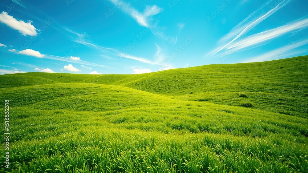 Fototapeta premium Stunning Green Landscape Blue Sky AI Photo, Breathtaking Scenery, High Resolution
