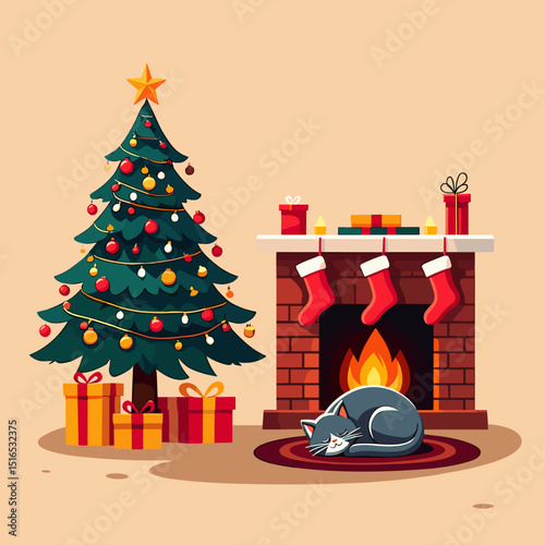 Christmas tree and fireplace scene with sleeping cat