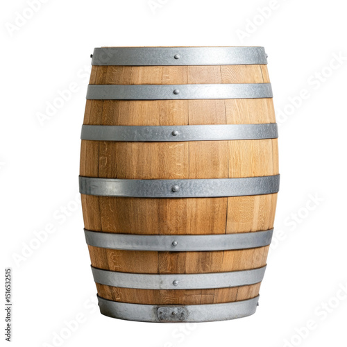 Horizontal wooden oak barrel with visible wood grain and metal bands, showcasing craftsmanship and rustic charm photo