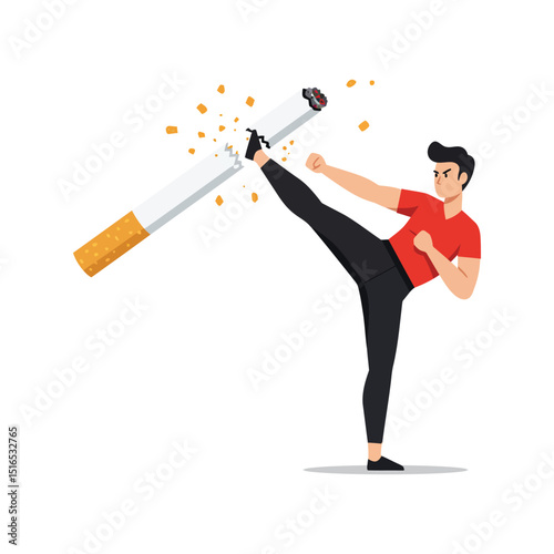 Man Kicking and Breaking a Cigarette, Anti-Smoking Concept Illustration