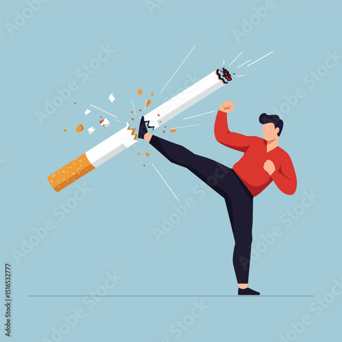 Man Kicking and Breaking a Cigarette, Anti-Smoking Concept Illustration