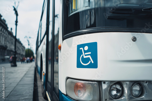 Close-up view of accessible bus with wheelchair symbol highlighting inclusivity for individuals with disabilities