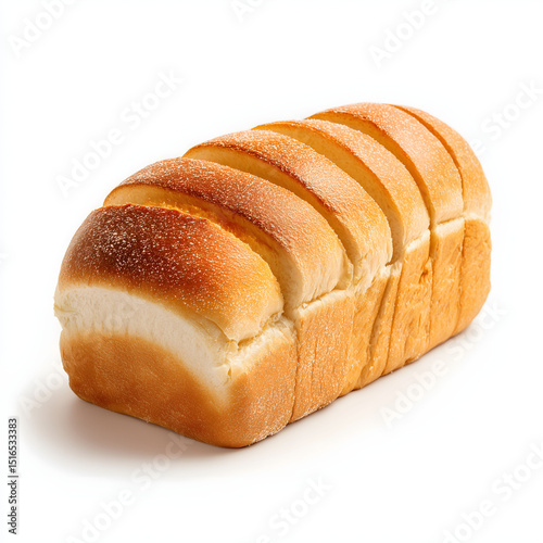 freshly baked white bread loaf placed in a spacious setting and clearly isolated on white background with professional studio lighting