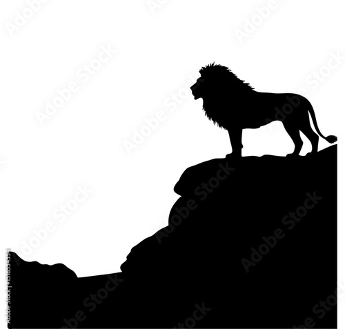 Lion silhouette standing atop a rocky outcrop against a white background view