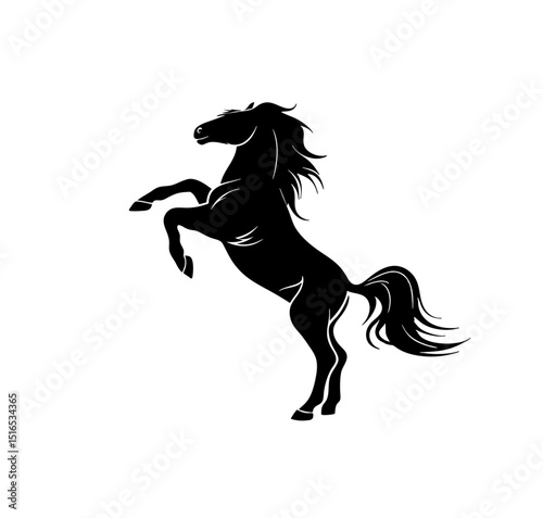 A black silhouette of a horse rearing up on its hind legs on a white background