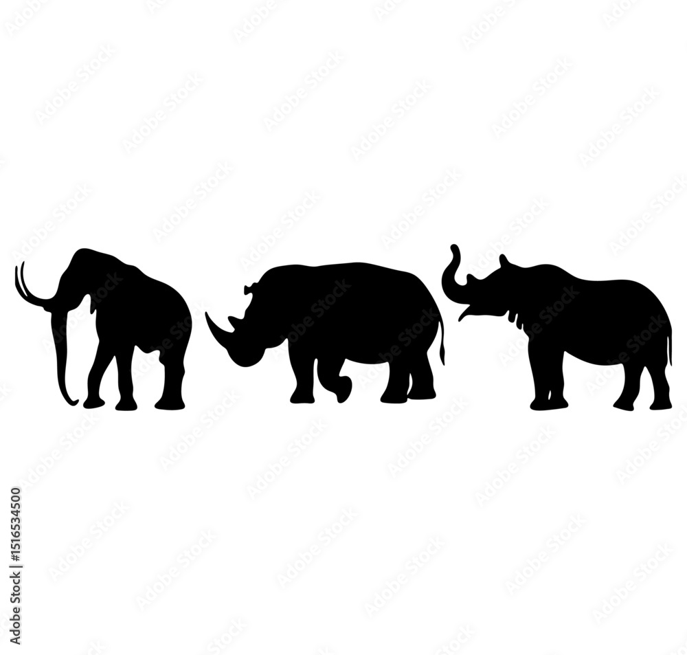 Fototapeta premium A silhouette illustration of an elephant and two rhinoceros on a white background