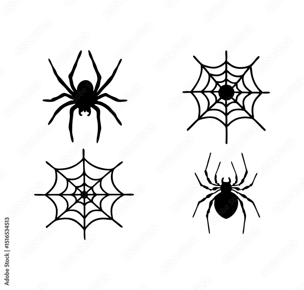 Illustration of two spiders and two spider webs in black on a white background