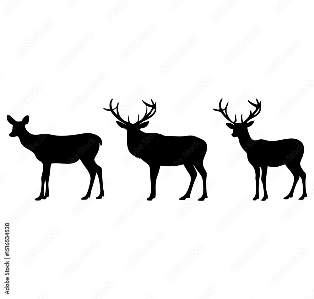 Fototapeta premium Three deer silhouettes standing side by side on a white background in a row view