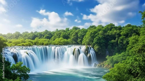 amazing waterfall covered in green wild plants