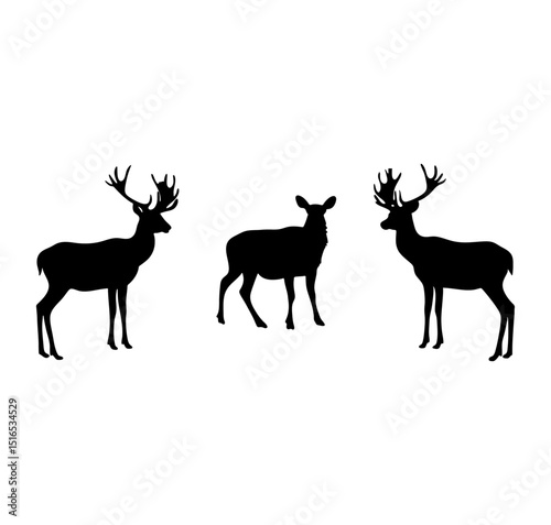 Silhouette of three deer standing on a white background in a simple illustration