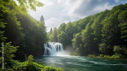amazing waterfall covered in green wild plants