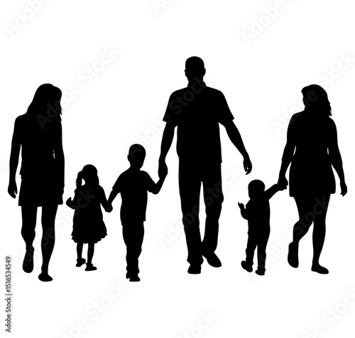 Silhouette of a family with two parents and three children walking together