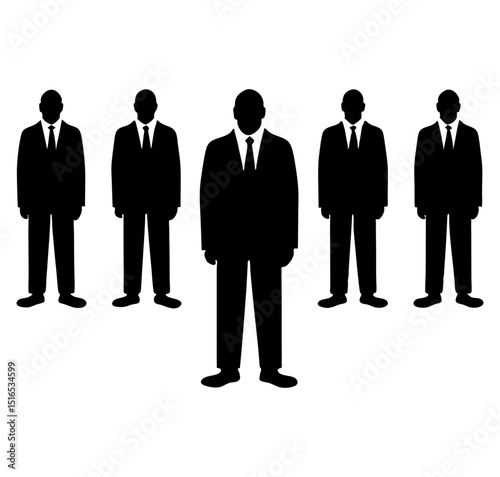 A group of five silhouetted figures in suits and ties standing in formation