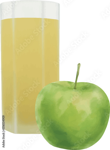 Vector clipart of Clear apple juice with apple slices and mint on rustic background. Natural, refreshing drink for clean eating and wellness themes.