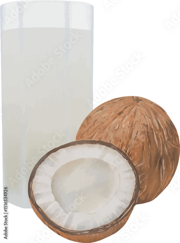 Vector Creamy coconut milk in glass bottles with coconut halves and tropical leaves. Natural dairy-free alternative, perfect for vegan recipes, smoothies, and tropical drinks.