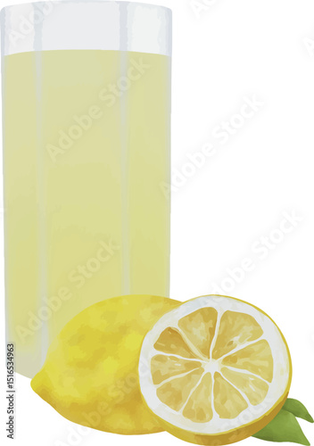 Vector illustration of Fresh lemon juice with yellow lemon slices and mint on a light background. Bright and tangy citrus drink, ideal for healthy recipes and summer refreshment.