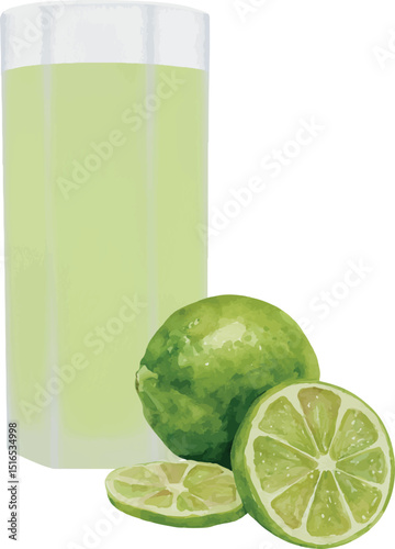 Vector Refreshing green lime juice in clear glasses with fresh lime slices and mint leaves. Zesty and vibrant citrus drink, perfect for summer beverages and cocktail recipes.
