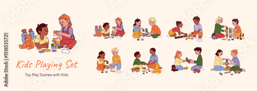 Children playing with toy train blocks teddy and doll in cozy baby room. African American boys and girls. Diverse group of happy kids. Flat colorful vector illustration on white background