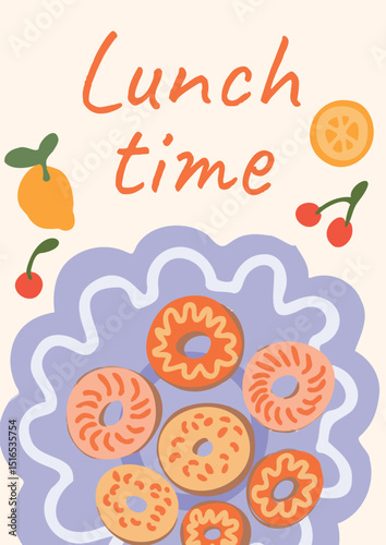 Colorful Donuts on Plate with Lemon and Cherry. Hand drawn sweet pastry snack illustration. Vector flat style in pastel palette. For lunch menu, greeting card, banner.