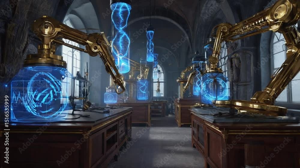 A hybrid artistic scientific research workshop futuristic technology wood brass mechanical arms holographic paint DNA strands nano brushes, LED harmony, researchers lab coats, architecture