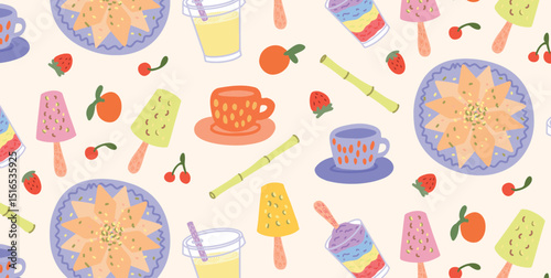 Seamless pattern of Indian desserts and drinks. Kaju Katli, Kulfi, Ice Gola, Sugarcane Juice with fruits, cups and sticks. Hand drawn flat vector design on light background for packaging or textile