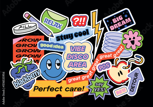 Funny collection of y2k patches, labels, tags, stamps. Stickers with short phrases in retro cartoon style. Groovy vector set, trendy promo labels in 90s hipster grunge funk style. Flat illustrations.