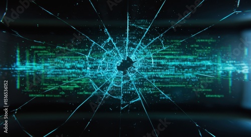 Digital Data Projected Through Cracked Glass – Cyber Chaos photo
