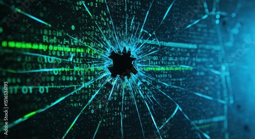 Digital Data Projected Through Cracked Glass – Cyber Chaos photo