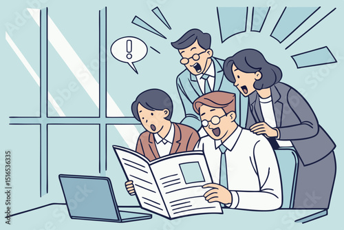 Excited office workers reacting to good news while reading a newspaper