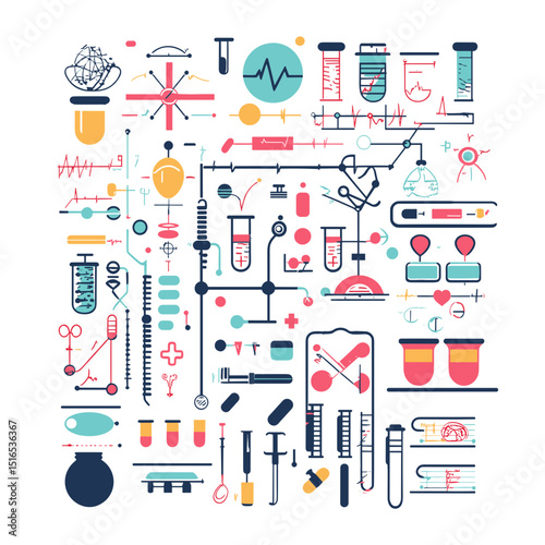 Abstract Scientific Illustration with Test Tubes and Various Laboratory Equipment in a White Background