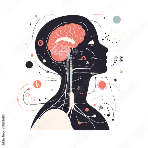 Abstract Silhouette of Human Head with Brain and Neural Connections in Medical Illustration Style on White Background