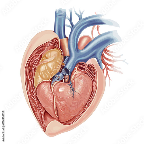 Anatomical Heart Cutaway Illustration Showing Internal Structure and Blood Vessels in Detailed Medical Diagram with Light Background
