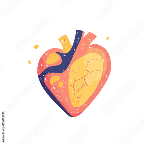 Anatomical Heart Graphic Illustration in Red Orange and Blue on White Background Medical Design Detailed Depiction of Heart Organ Vector Illustration