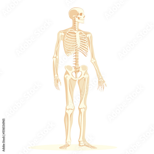 Anatomical Illustration of a Complete Human Skeleton in Beige on White Background Medical Diagram