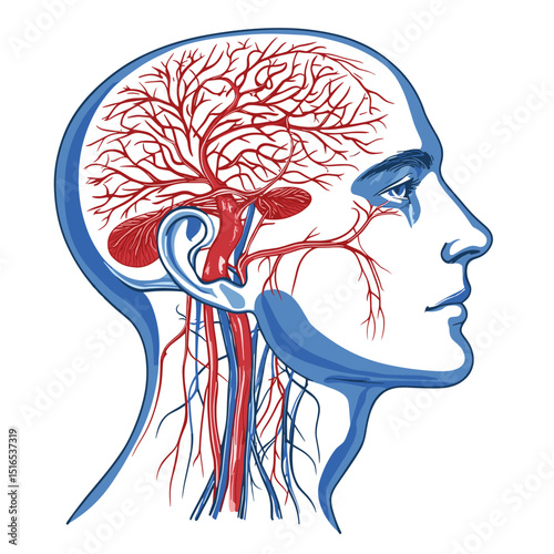 Anatomical Illustration of Human Head Displaying Brain Arteries Veins in Red and Blue on White Background Detailed Medical Study Aid