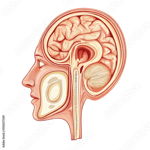 Anatomical Illustration of Human Head in Cross Section Displaying Brain Structure with Detailed Internal Organs and Biological Structure