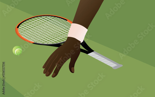 Tennis player picking up ball and racket on court after winning championship game