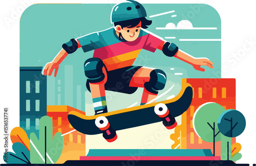 A boy playing skateboarding, he is in mid-air, performing a trick with his skateboard