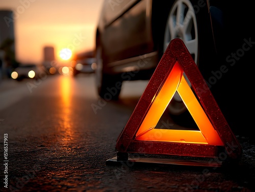 Broken-down car, warning triangle, sunset