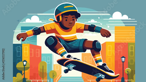 A boy playing skateboarding, he is in mid-air, performing a trick with his skateboard